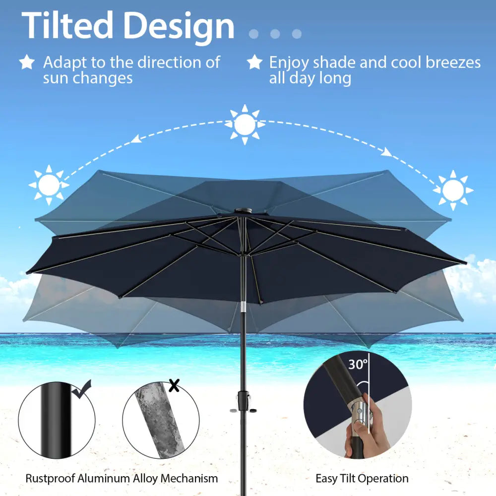 10 Feet Patio Umbrella with 112 Solar Lights and Crank Handle-Navy - Navy - Outdoor Umbrellas