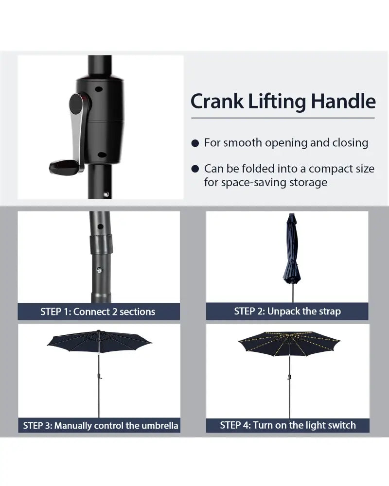 10 Feet Patio Umbrella with 112 Solar Lights and Crank Handle-Navy - Navy - Outdoor Umbrellas