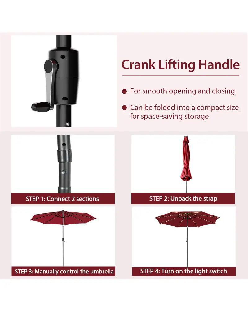 10 Feet Patio Umbrella with 112 Solar Lights and Crank Handle-Wine - Wine - Outdoor Umbrellas