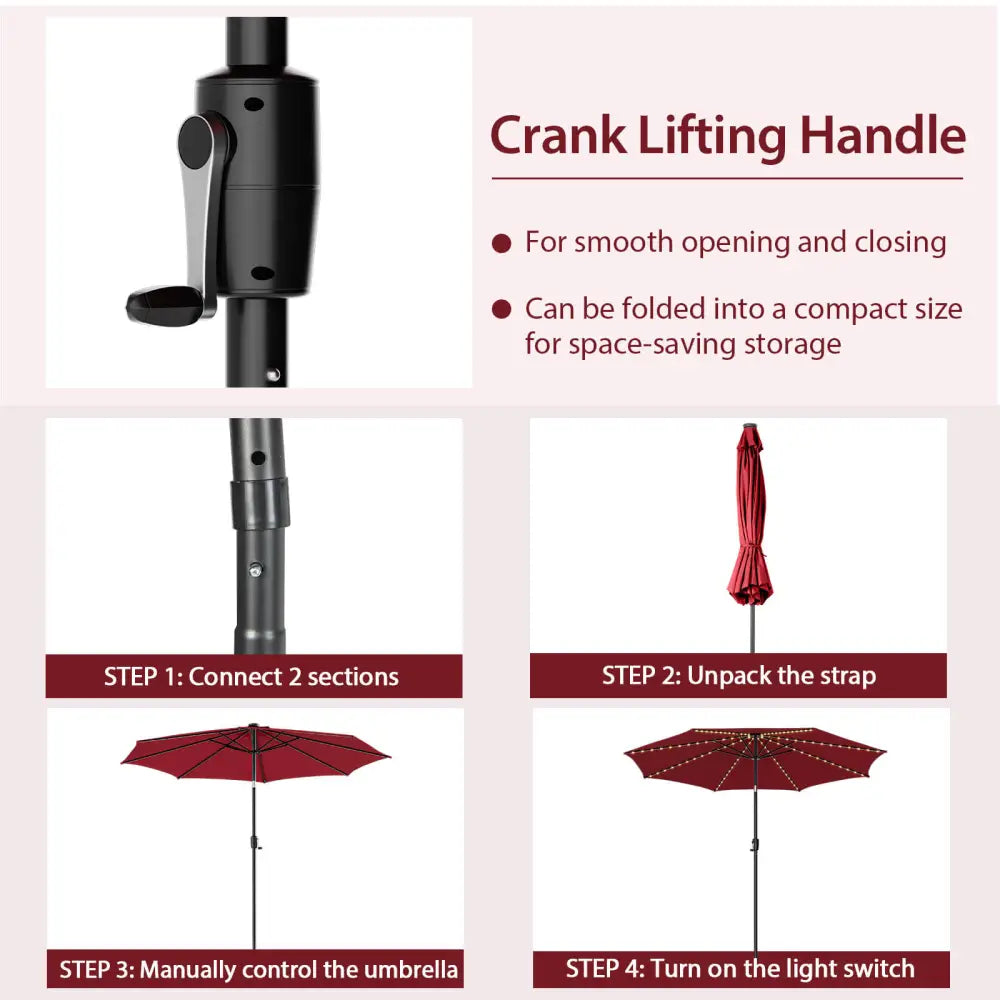 10 Feet Patio Umbrella with 112 Solar Lights and Crank Handle-Wine - Wine - Outdoor Umbrellas