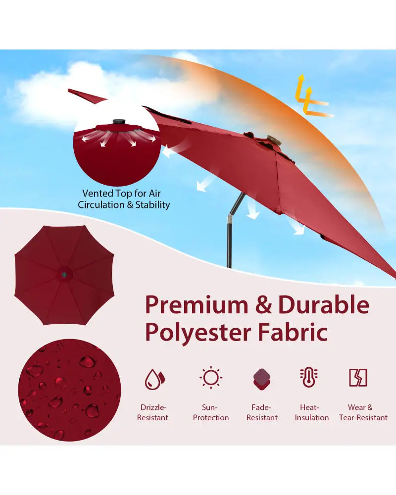 10 Feet Patio Umbrella with 112 Solar Lights and Crank Handle-Wine - Wine - Outdoor Umbrellas