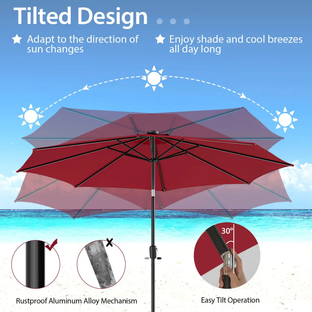 10 Feet Patio Umbrella with 112 Solar Lights and Crank Handle-Wine - Wine - Outdoor Umbrellas