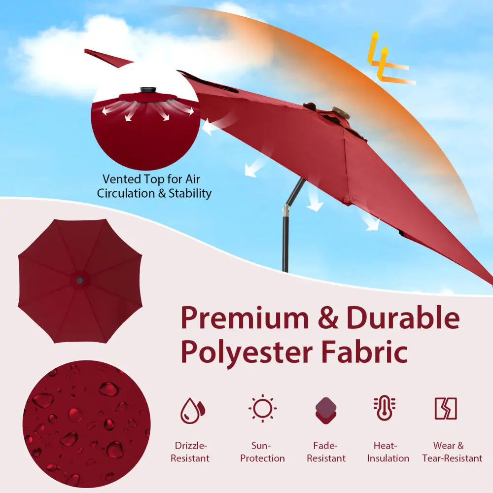 10 Feet Patio Umbrella with 112 Solar Lights and Crank Handle-Wine - Wine - Outdoor Umbrellas