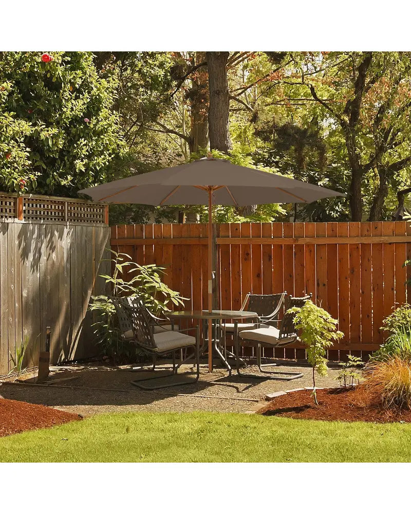 10 Feet Patio Umbrella with 8 Wooden Ribs and 3 Adjustable Heights-Brown - Brown - Outdoor Umbrellas