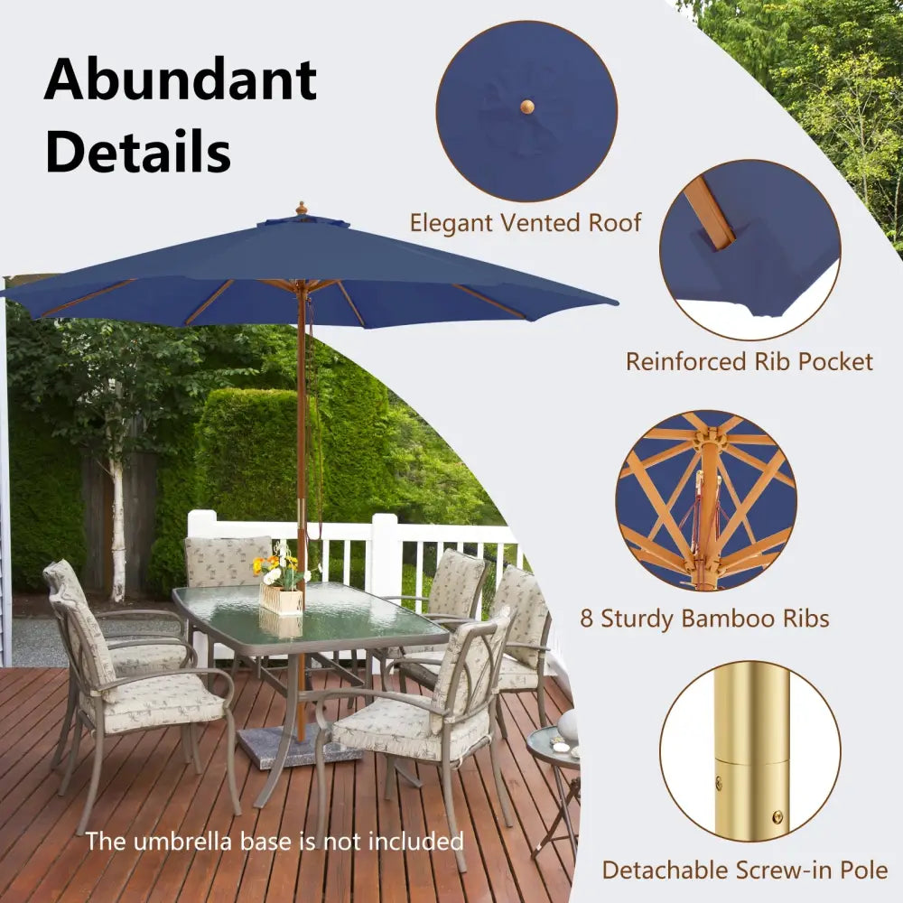 10 Feet Patio Umbrella with 8 Wooden Ribs and 3 Adjustable Heights-Navy - Navy - Outdoor Umbrellas