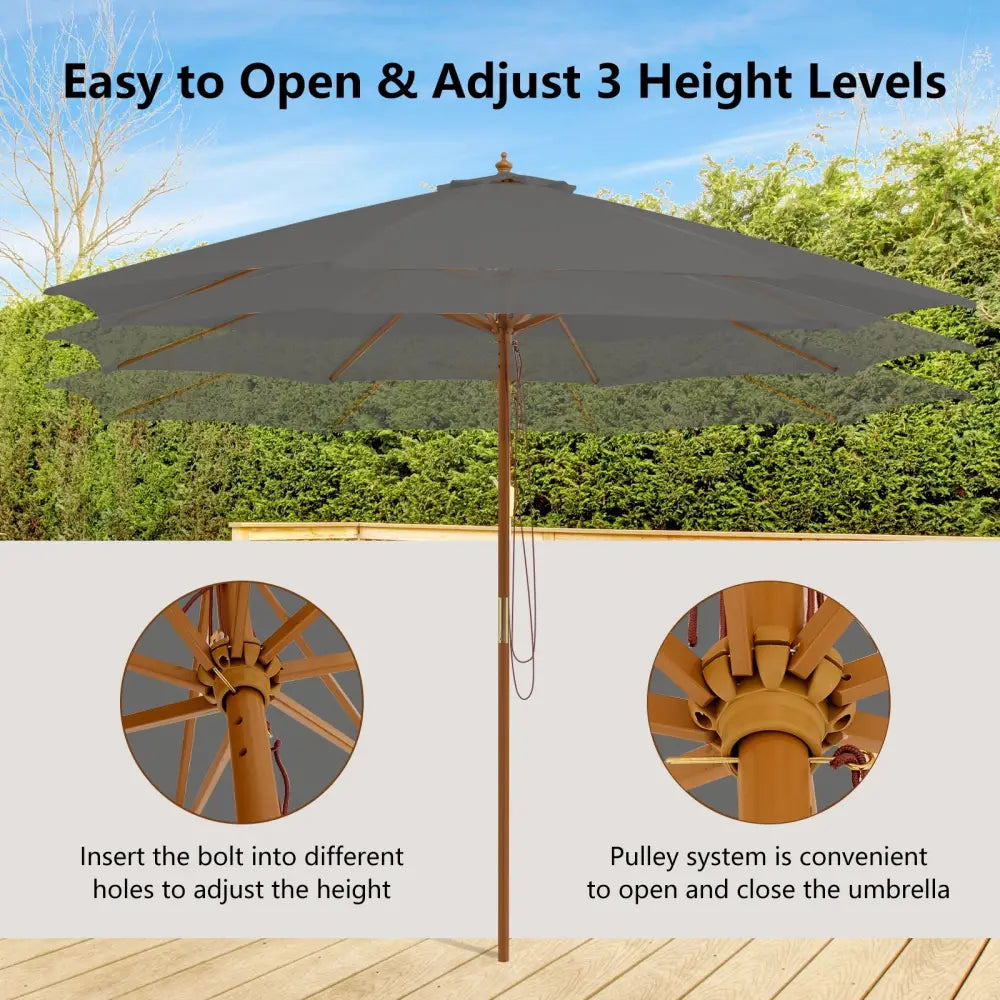 10 Feet Patio Umbrella with 8 Wooden Ribs and 3 Adjustable Heights-Gray - Gray - Outdoor Umbrellas