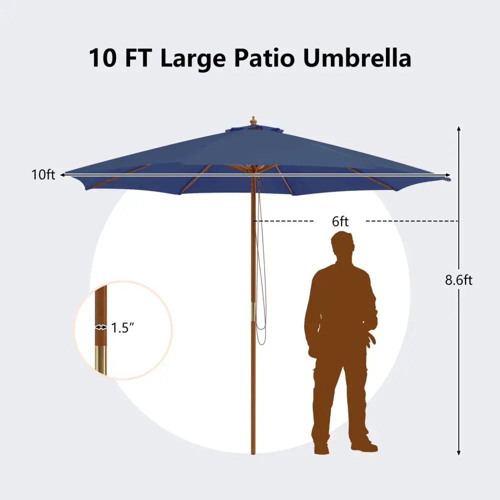 10 Feet Patio Umbrella with 8 Wooden Ribs and 3 Adjustable Heights-Navy - Navy - Outdoor Umbrellas
