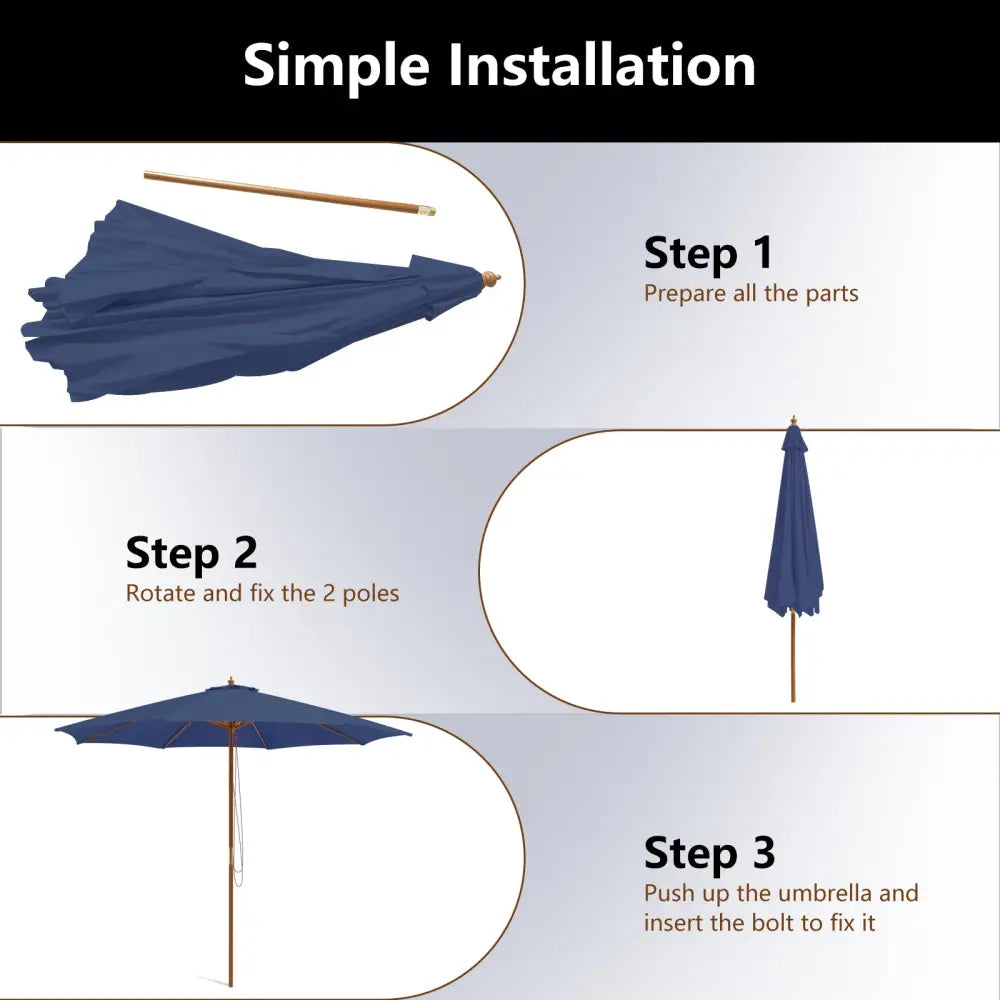 10 Feet Patio Umbrella with 8 Wooden Ribs and 3 Adjustable Heights-Navy - Navy - Outdoor Umbrellas