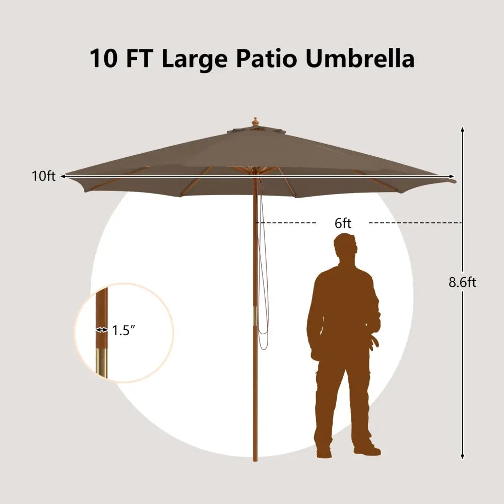 10 Feet Patio Umbrella with 8 Wooden Ribs and 3 Adjustable Heights-Brown - Brown - Outdoor Umbrellas