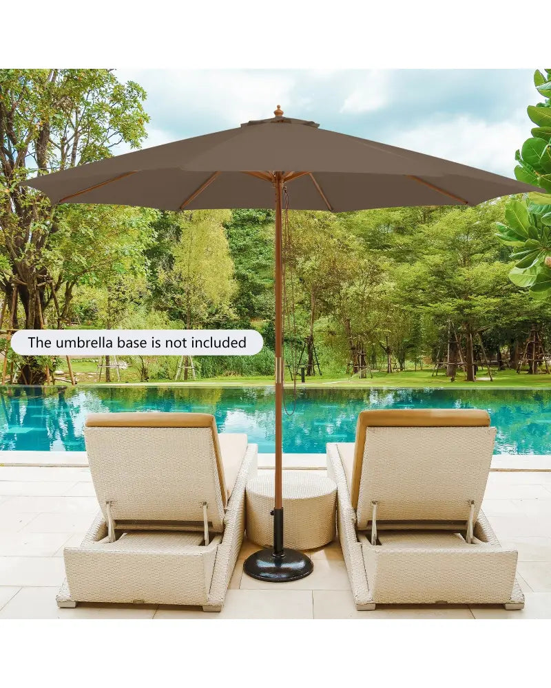 10 Feet Patio Umbrella with 8 Wooden Ribs and 3 Adjustable Heights-Brown - Brown - Outdoor Umbrellas