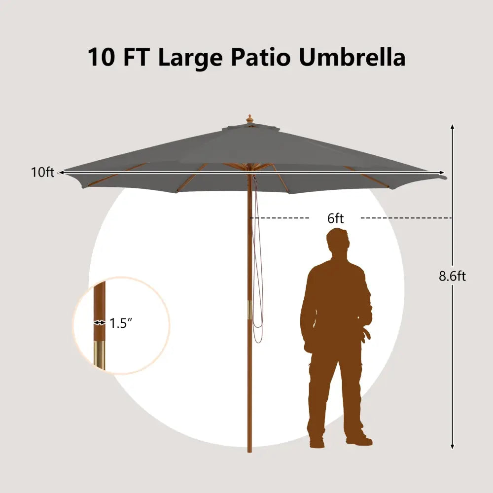 10 Feet Patio Umbrella with 8 Wooden Ribs and 3 Adjustable Heights-Gray - Gray - Outdoor Umbrellas