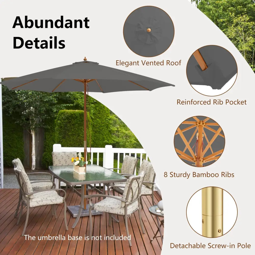 10 Feet Patio Umbrella with 8 Wooden Ribs and 3 Adjustable Heights-Gray - Gray - Outdoor Umbrellas