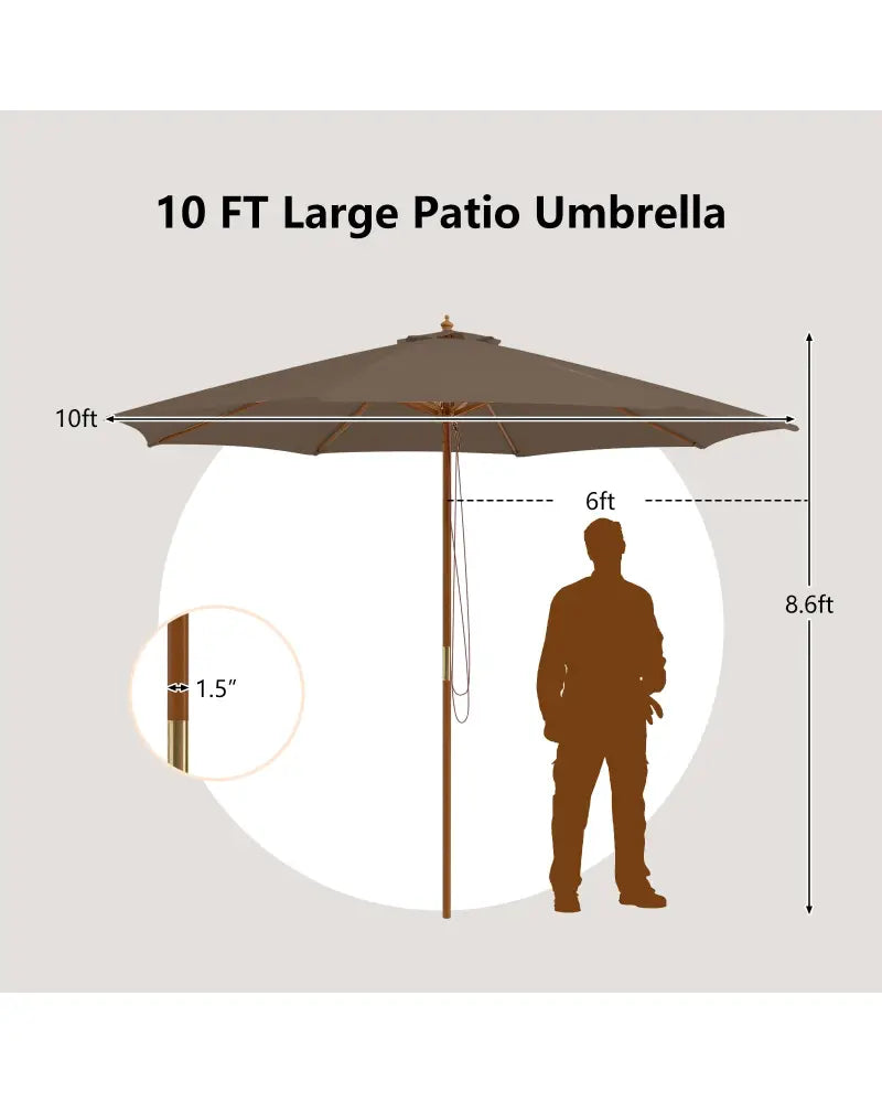 10 Feet Patio Umbrella with 8 Wooden Ribs and 3 Adjustable Heights-Brown - Brown - Outdoor Umbrellas