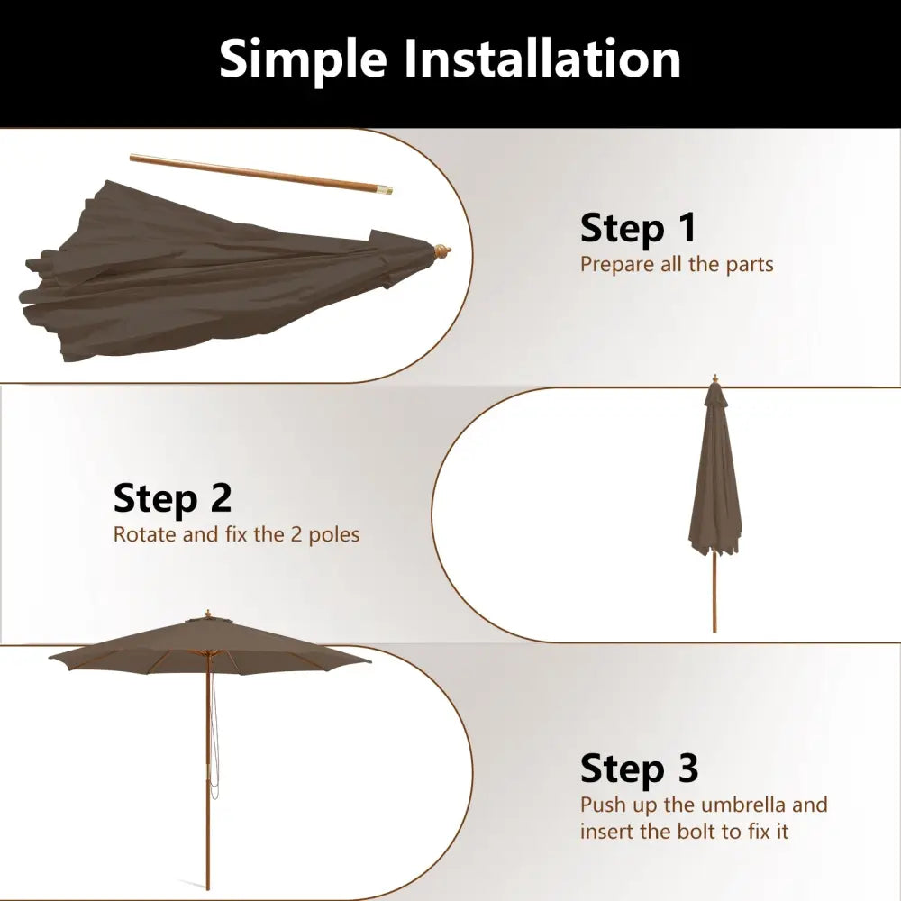 10 Feet Patio Umbrella with 8 Wooden Ribs and 3 Adjustable Heights-Brown - Brown - Outdoor Umbrellas