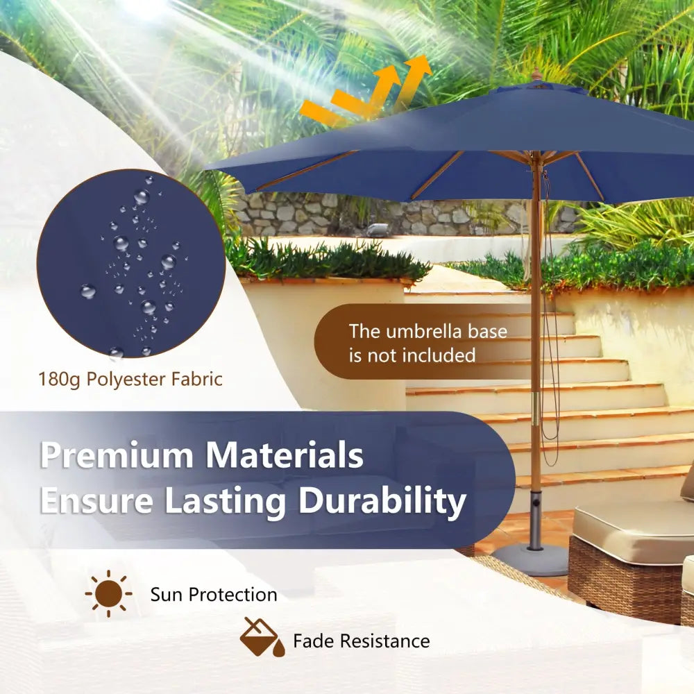 10 Feet Patio Umbrella with 8 Wooden Ribs and 3 Adjustable Heights-Navy - Navy - Outdoor Umbrellas