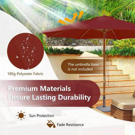 10 Feet Patio Umbrella with 8 Wooden Ribs and 3 Adjustable Heights-Wine - Wine - Outdoor Umbrellas