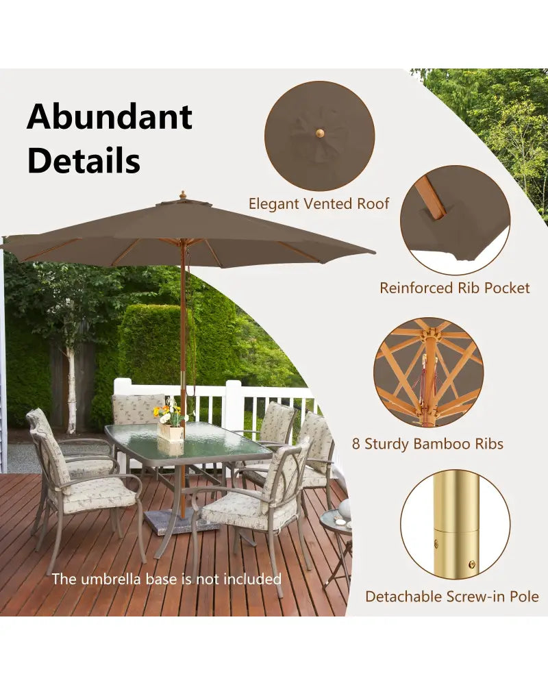 10 Feet Patio Umbrella with 8 Wooden Ribs and 3 Adjustable Heights-Brown - Brown - Outdoor Umbrellas