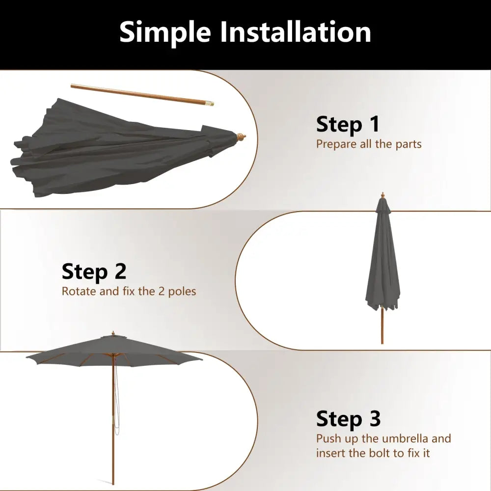 10 Feet Patio Umbrella with 8 Wooden Ribs and 3 Adjustable Heights-Gray - Gray - Outdoor Umbrellas