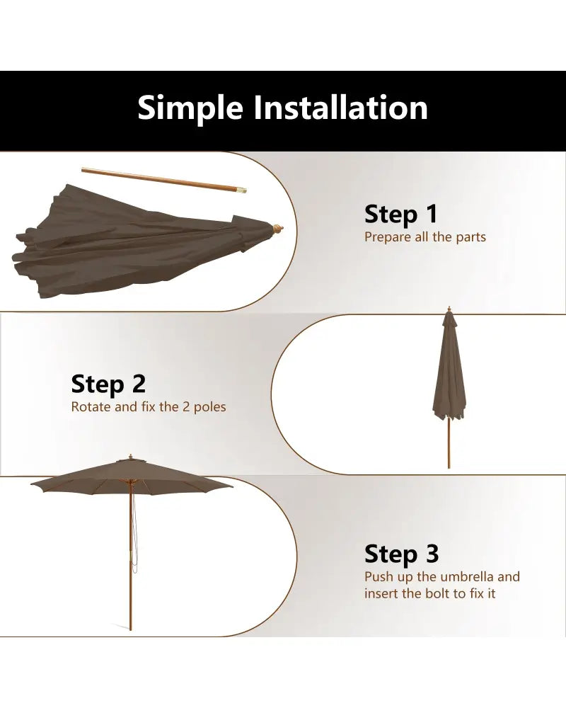 10 Feet Patio Umbrella with 8 Wooden Ribs and 3 Adjustable Heights-Brown - Brown - Outdoor Umbrellas