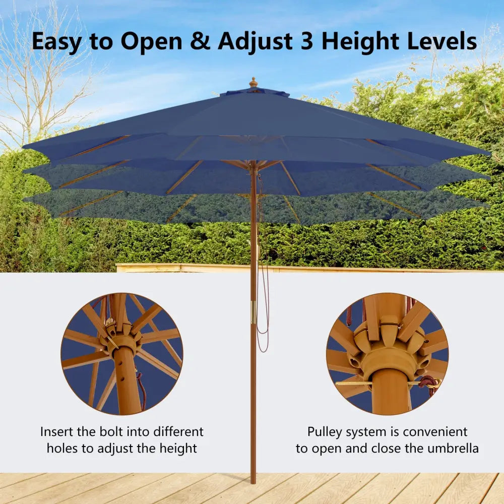 10 Feet Patio Umbrella with 8 Wooden Ribs and 3 Adjustable Heights-Navy - Navy - Outdoor Umbrellas