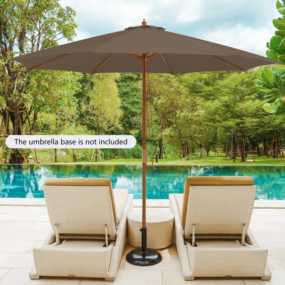 10 Feet Patio Umbrella with 8 Wooden Ribs and 3 Adjustable Heights-Brown - Brown - Outdoor Umbrellas