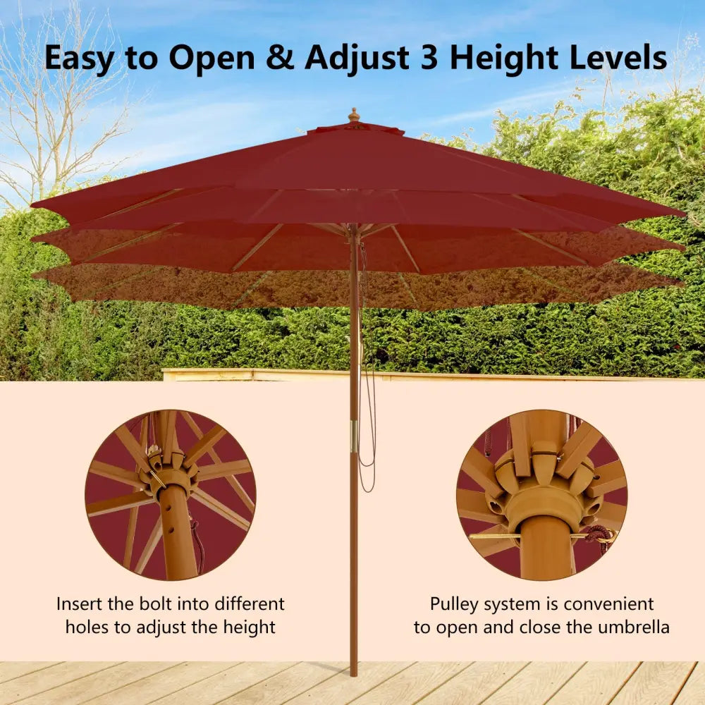 10 Feet Patio Umbrella with 8 Wooden Ribs and 3 Adjustable Heights-Wine - Wine - Outdoor Umbrellas
