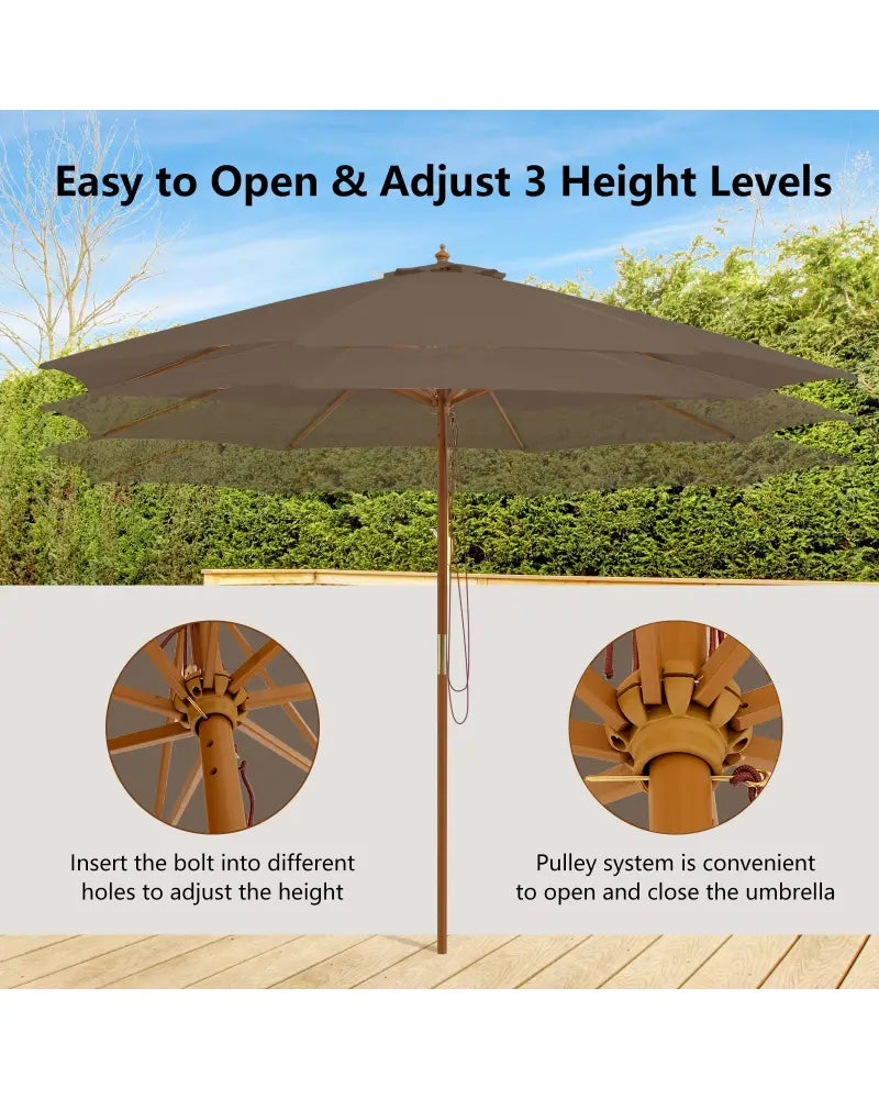 10 Feet Patio Umbrella with 8 Wooden Ribs and 3 Adjustable Heights-Brown - Brown - Outdoor Umbrellas