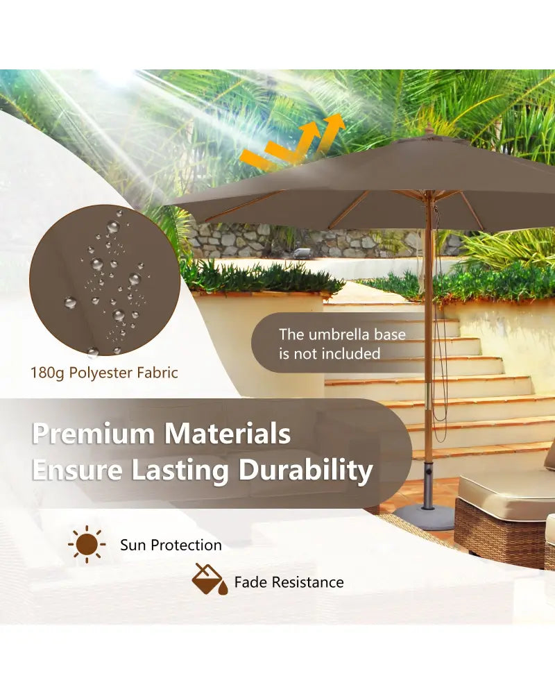 10 Feet Patio Umbrella with 8 Wooden Ribs and 3 Adjustable Heights-Brown - Brown - Outdoor Umbrellas