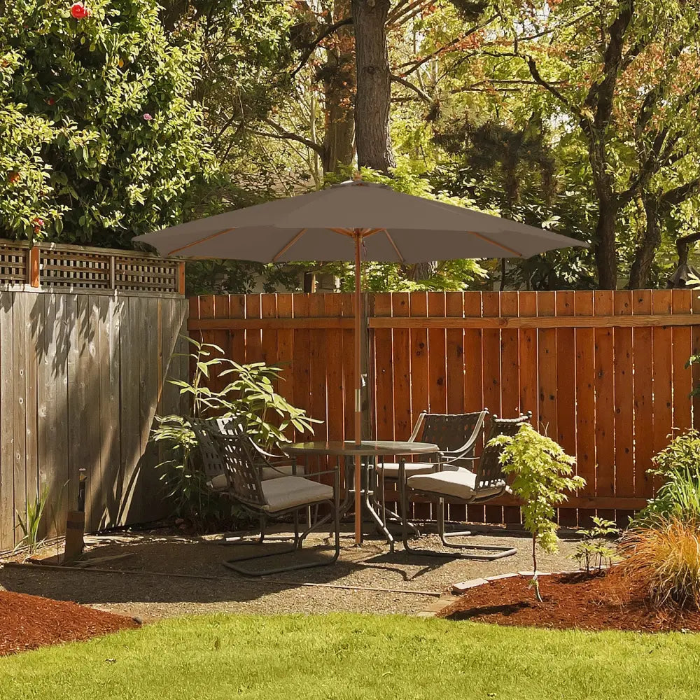 10 Feet Patio Umbrella with 8 Wooden Ribs and 3 Adjustable Heights-Brown - Brown - Outdoor Umbrellas