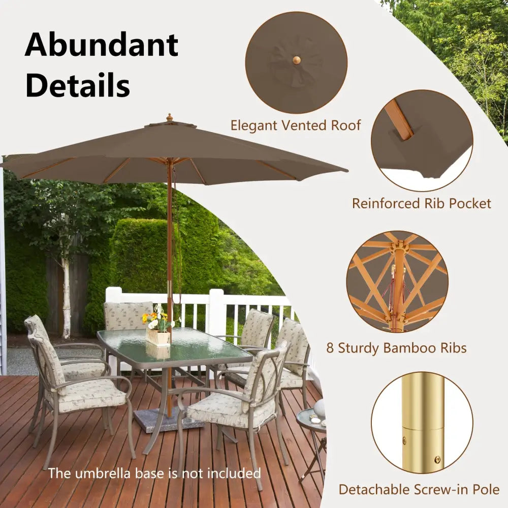 10 Feet Patio Umbrella with 8 Wooden Ribs and 3 Adjustable Heights-Brown - Brown - Outdoor Umbrellas