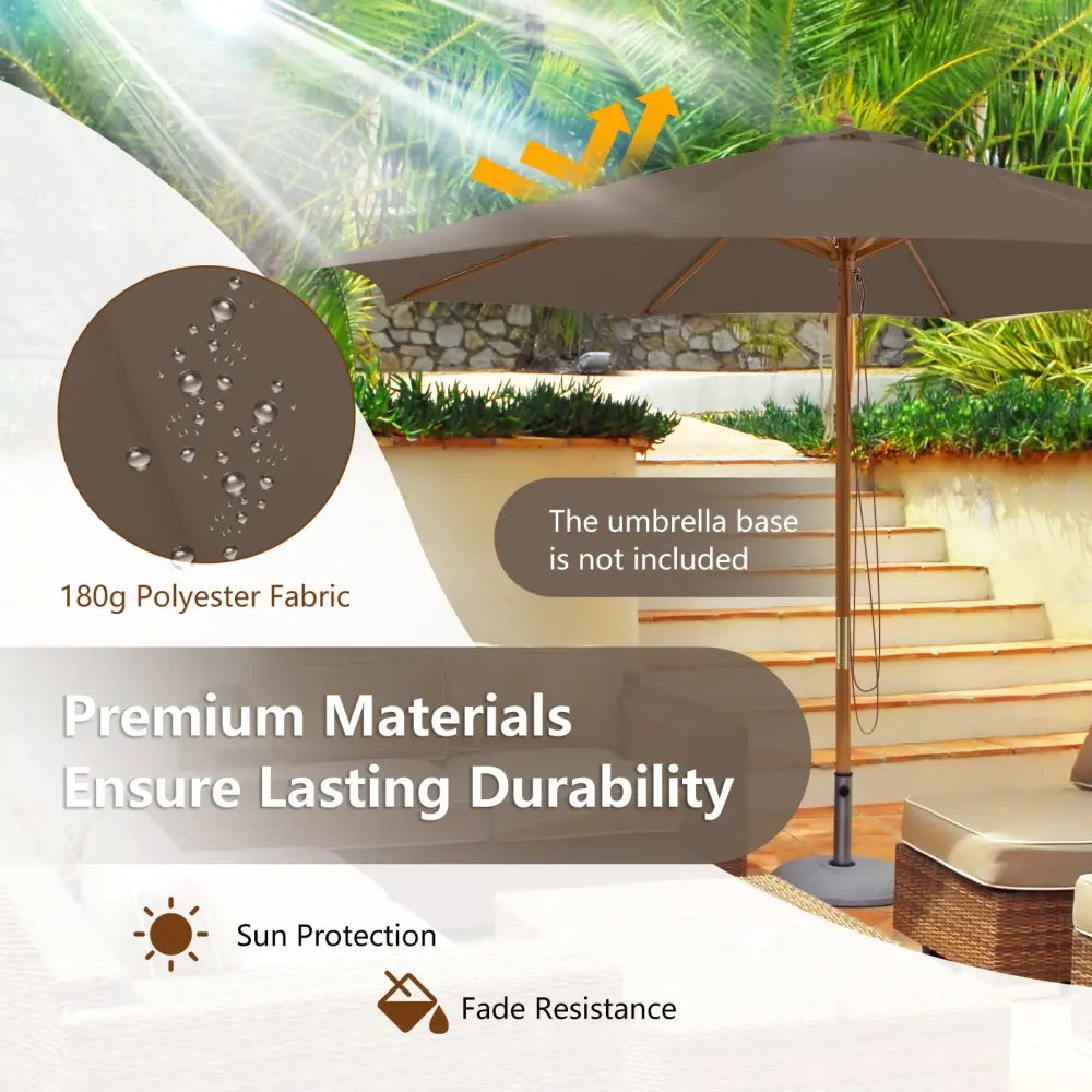 10 Feet Patio Umbrella with 8 Wooden Ribs and 3 Adjustable Heights-Brown - Brown - Outdoor Umbrellas