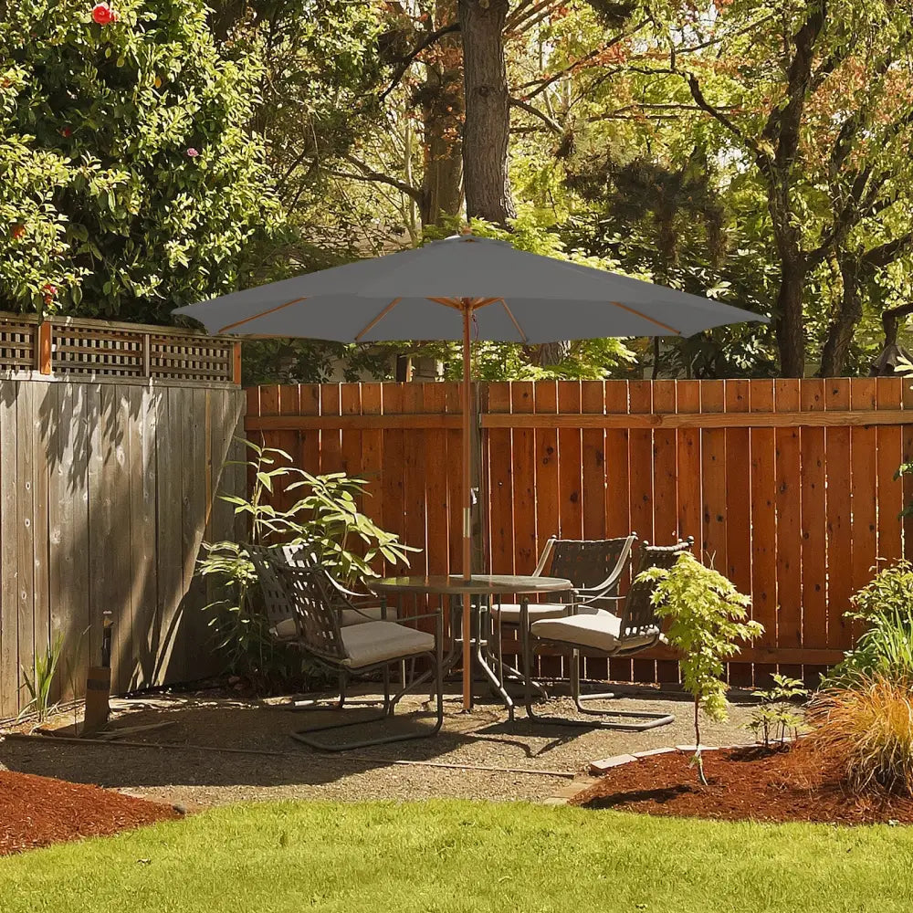 10 Feet Patio Umbrella with 8 Wooden Ribs and 3 Adjustable Heights-Gray - Gray - Outdoor Umbrellas
