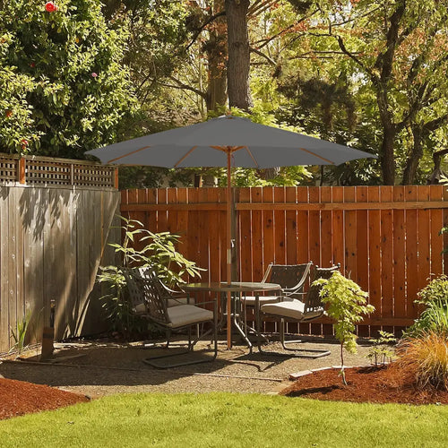 10 Feet Patio Umbrella with 8 Wooden Ribs and 3 Adjustable Heights-Gray - Gray - Outdoor Umbrellas