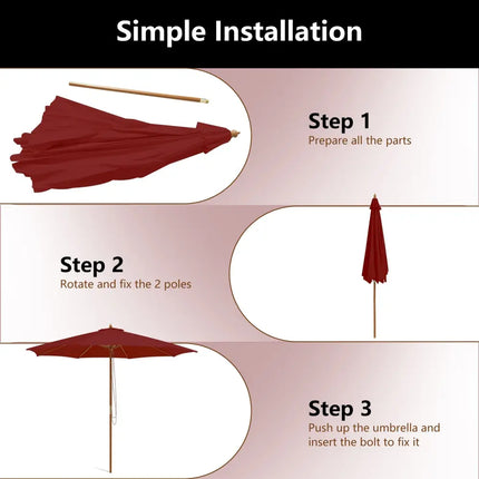 10 Feet Patio Umbrella with 8 Wooden Ribs and 3 Adjustable Heights-Wine - Wine - Outdoor Umbrellas
