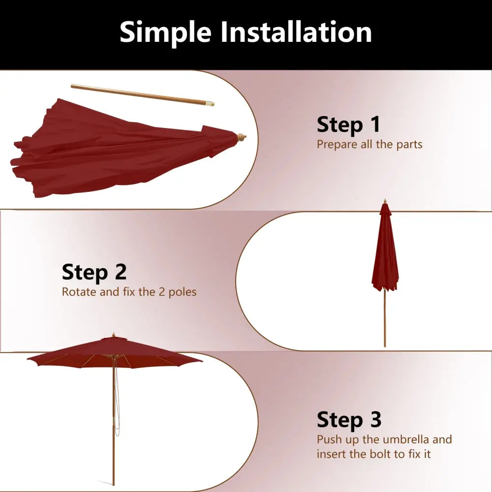 10 Feet Patio Umbrella with 8 Wooden Ribs and 3 Adjustable Heights-Wine - Wine - Outdoor Umbrellas