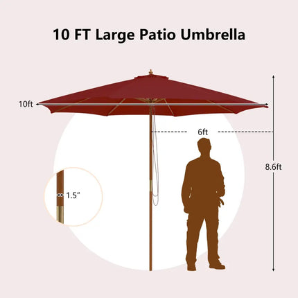10 Feet Patio Umbrella with 8 Wooden Ribs and 3 Adjustable Heights-Wine - Wine - Outdoor Umbrellas