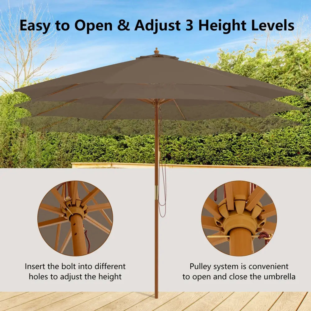 10 Feet Patio Umbrella with 8 Wooden Ribs and 3 Adjustable Heights-Brown - Brown - Outdoor Umbrellas