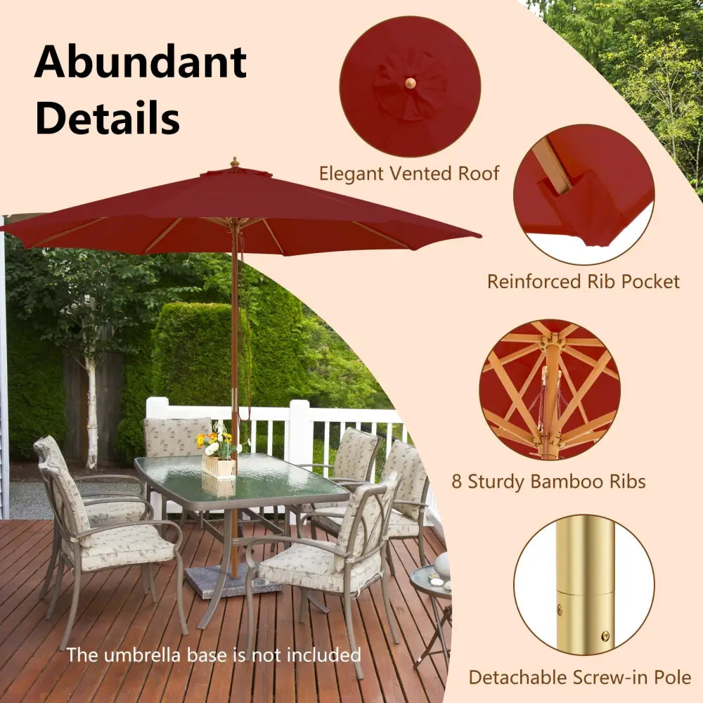 10 Feet Patio Umbrella with 8 Wooden Ribs and 3 Adjustable Heights-Wine - Wine - Outdoor Umbrellas