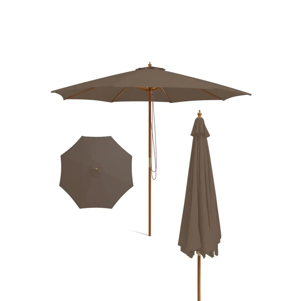 10 Feet Patio Umbrella with 8 Wooden Ribs and 3 Adjustable Heights-Brown - Brown - Outdoor Umbrellas