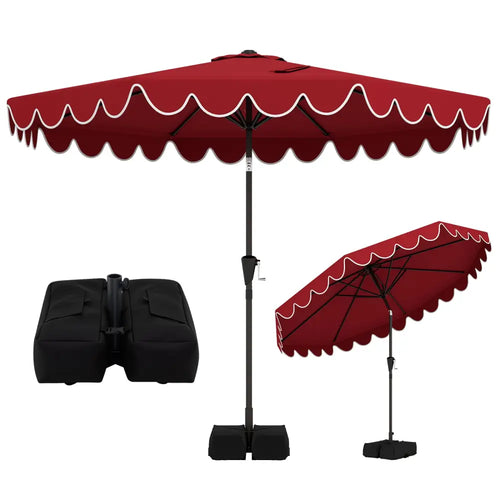 10 Feet Patio Umbrella with Weighted Base and Sandbags-Burgundy - Burgundy - Outdoor Umbrellas