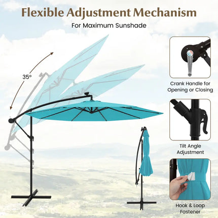 10 Feet Solar LED Offset Umbrella with 40 Lights and Cross Base for Patio-Turquoise - Turquoise - Outdoor Umbrellas