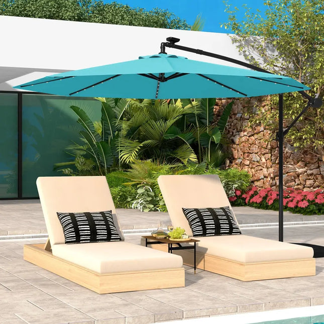 10 Feet Solar LED Offset Umbrella with 40 Lights and Cross Base for Patio-Turquoise - Turquoise - Outdoor Umbrellas