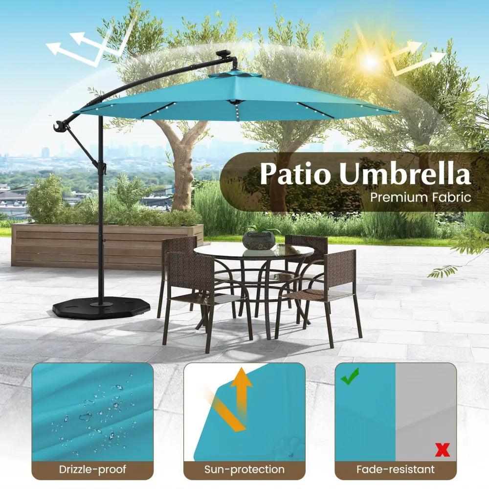 10 Feet Solar LED Offset Umbrella with 40 Lights and Cross Base for Patio-Turquoise - Turquoise - Outdoor Umbrellas