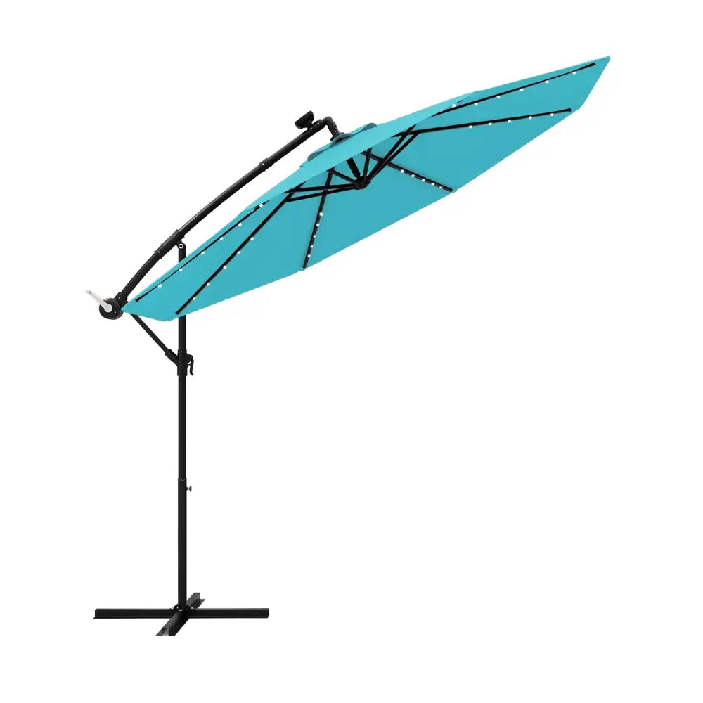 10 Feet Solar LED Offset Umbrella with 40 Lights and Cross Base for Patio-Turquoise - Turquoise - Outdoor Umbrellas