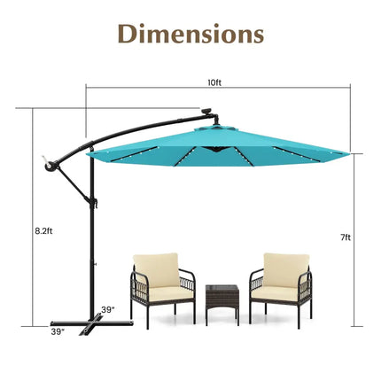 10 Feet Solar LED Offset Umbrella with 40 Lights and Cross Base for Patio-Turquoise - Turquoise - Outdoor Umbrellas