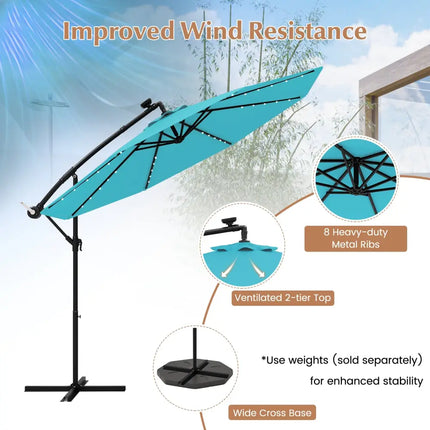 10 Feet Solar LED Offset Umbrella with 40 Lights and Cross Base for Patio-Turquoise - Turquoise - Outdoor Umbrellas