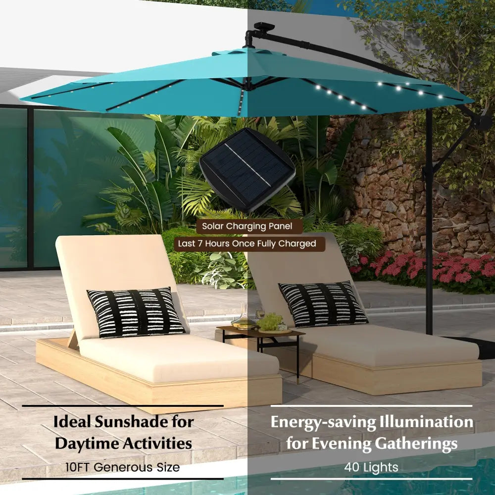 10 Feet Solar LED Offset Umbrella with 40 Lights and Cross Base for Patio-Turquoise - Turquoise - Outdoor Umbrellas