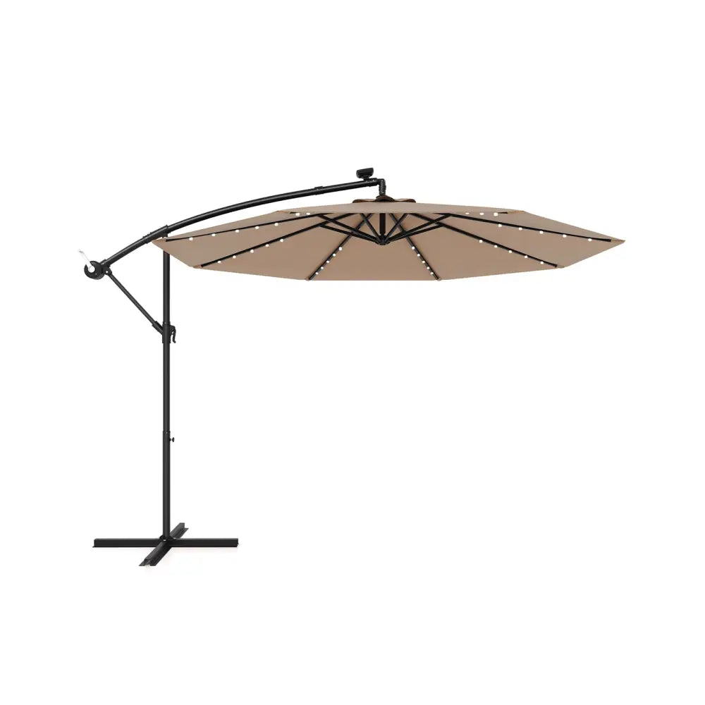 10 Feet Solar Offset Hanging Umbrella with 40 Lamp Beads and Solar Panel-Tan - Tan - Outdoor Umbrellas