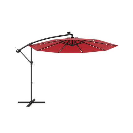10 Feet Solar Offset Hanging Umbrella with 40 Lamp Beads and Solar Panel-Wine - Dark Red - Outdoor Umbrellas