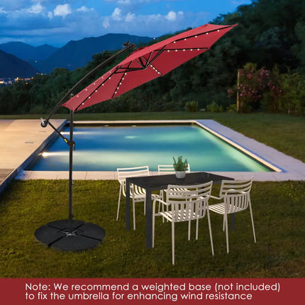 10 Feet Solar Offset Hanging Umbrella with 40 Lamp Beads and Solar Panel-Wine - Dark Red - Outdoor Umbrellas